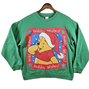 Winnie The Pooh "Holiday Wishes" VTG Sweatshirt Santa Christmas Winter Green M‎
